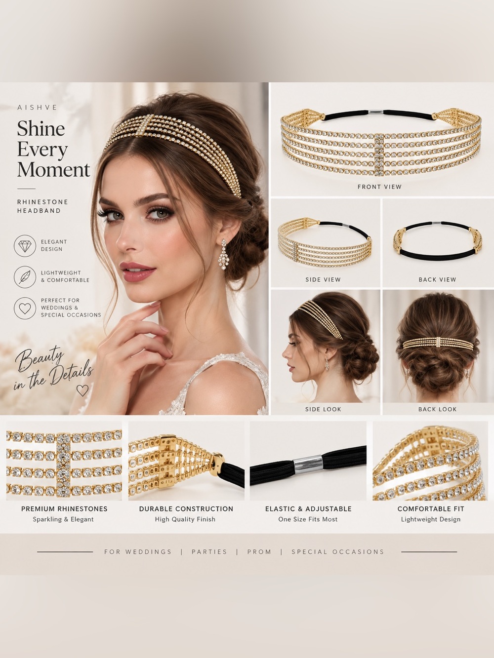 🆕 Multi Layered Adjustable Rhinestone Bridal Headpiece, Gold